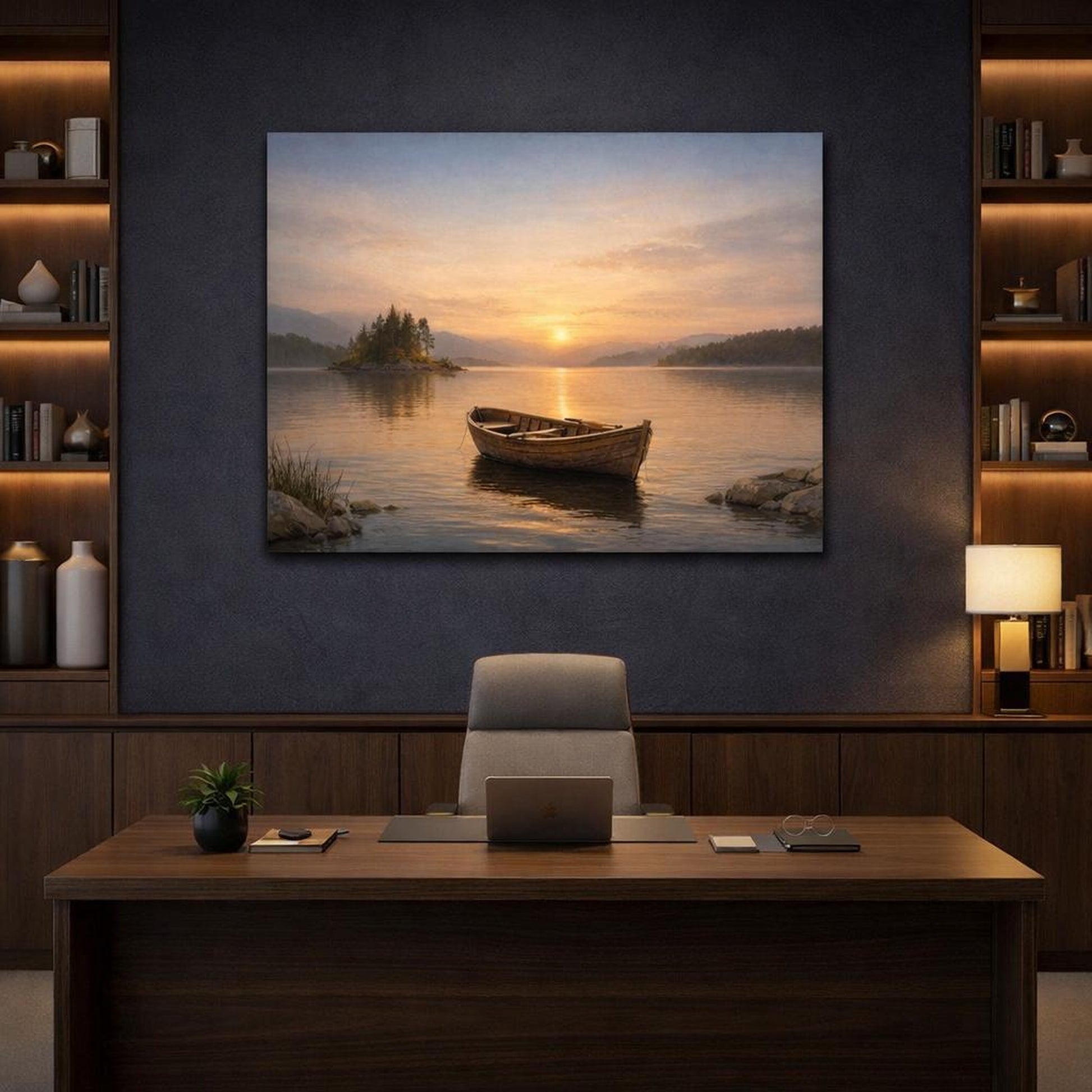 Nature Boat Horizon shown as canvas wall art in a refined dining room