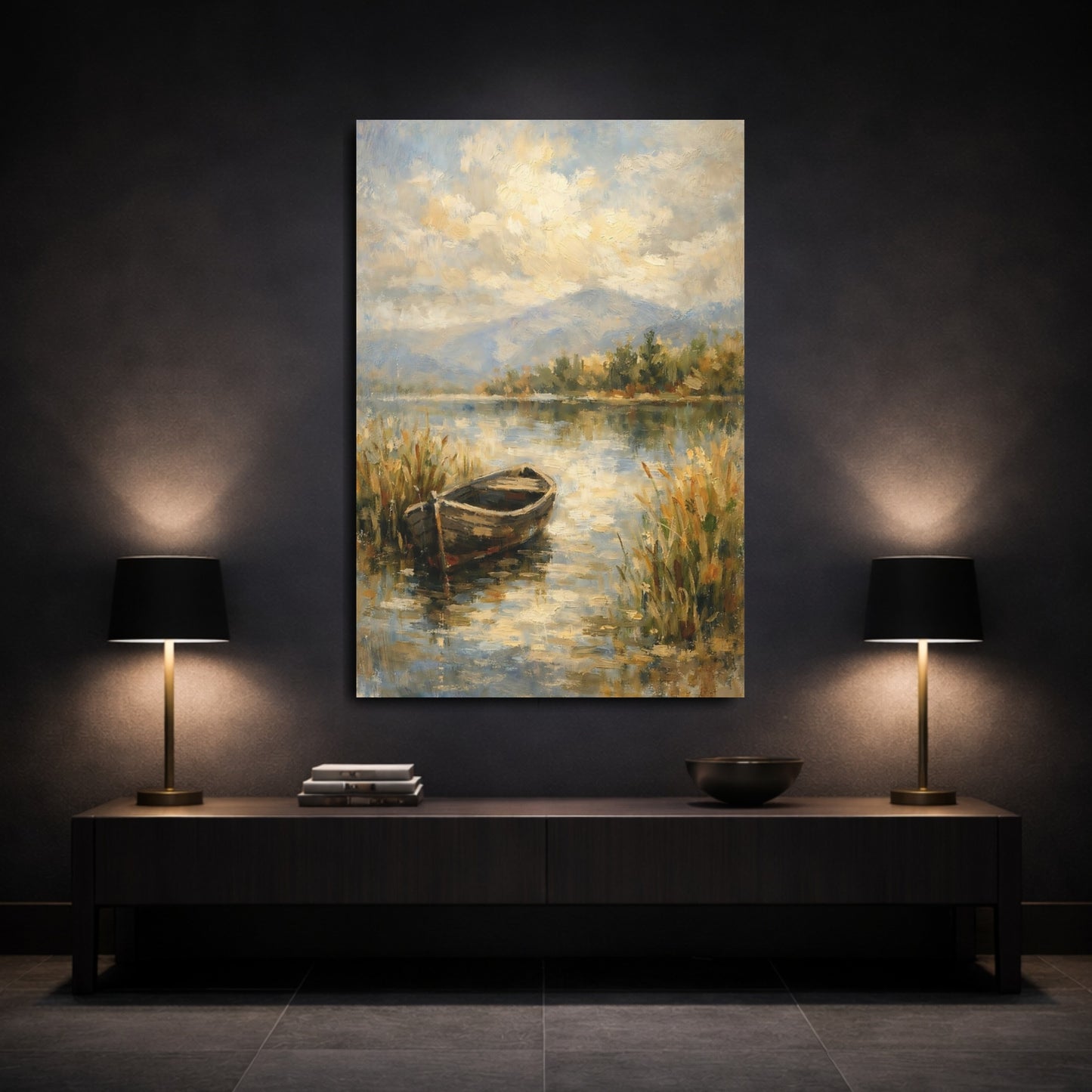 Mockup 2. Nature Boat Lake Boat Landscape shown as stretched canvas wall art