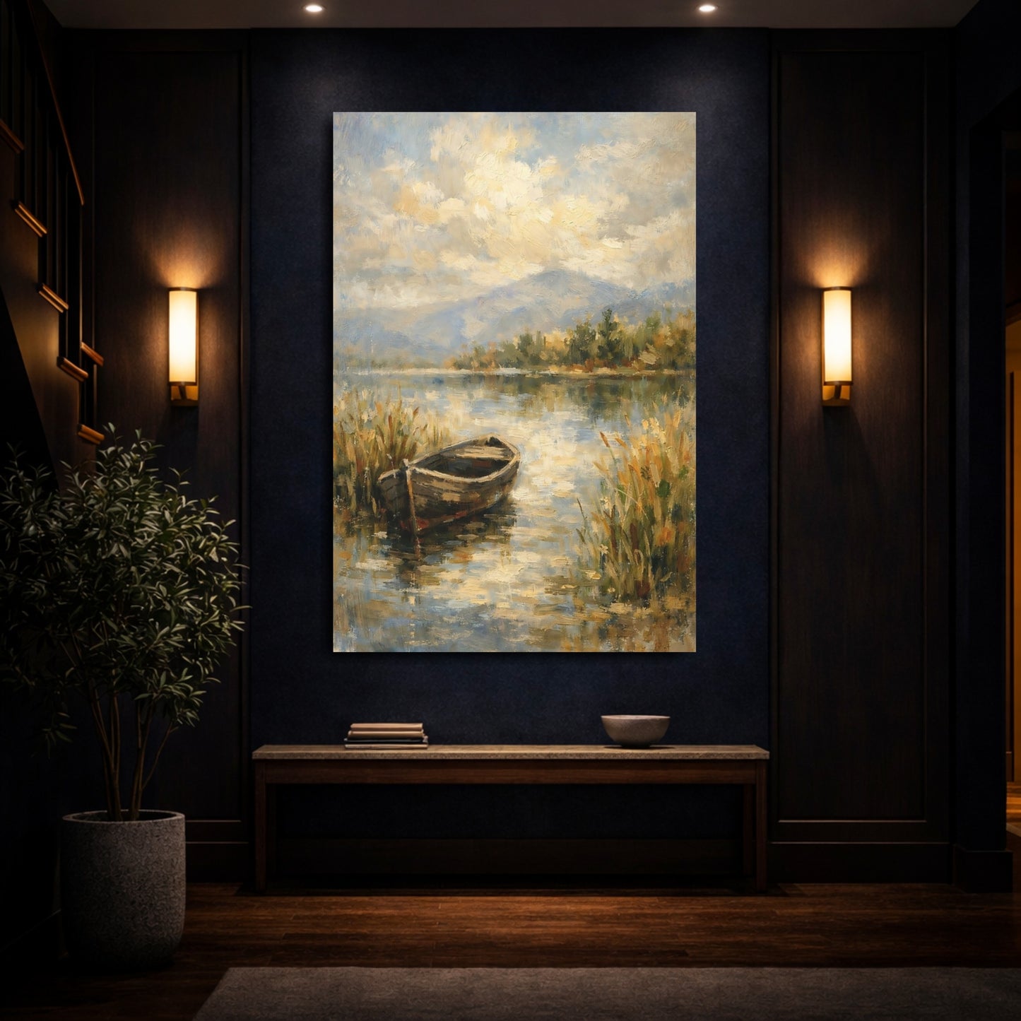 Mockup 3. Nature Boat Lake Boat Landscape shown as stretched canvas wall art