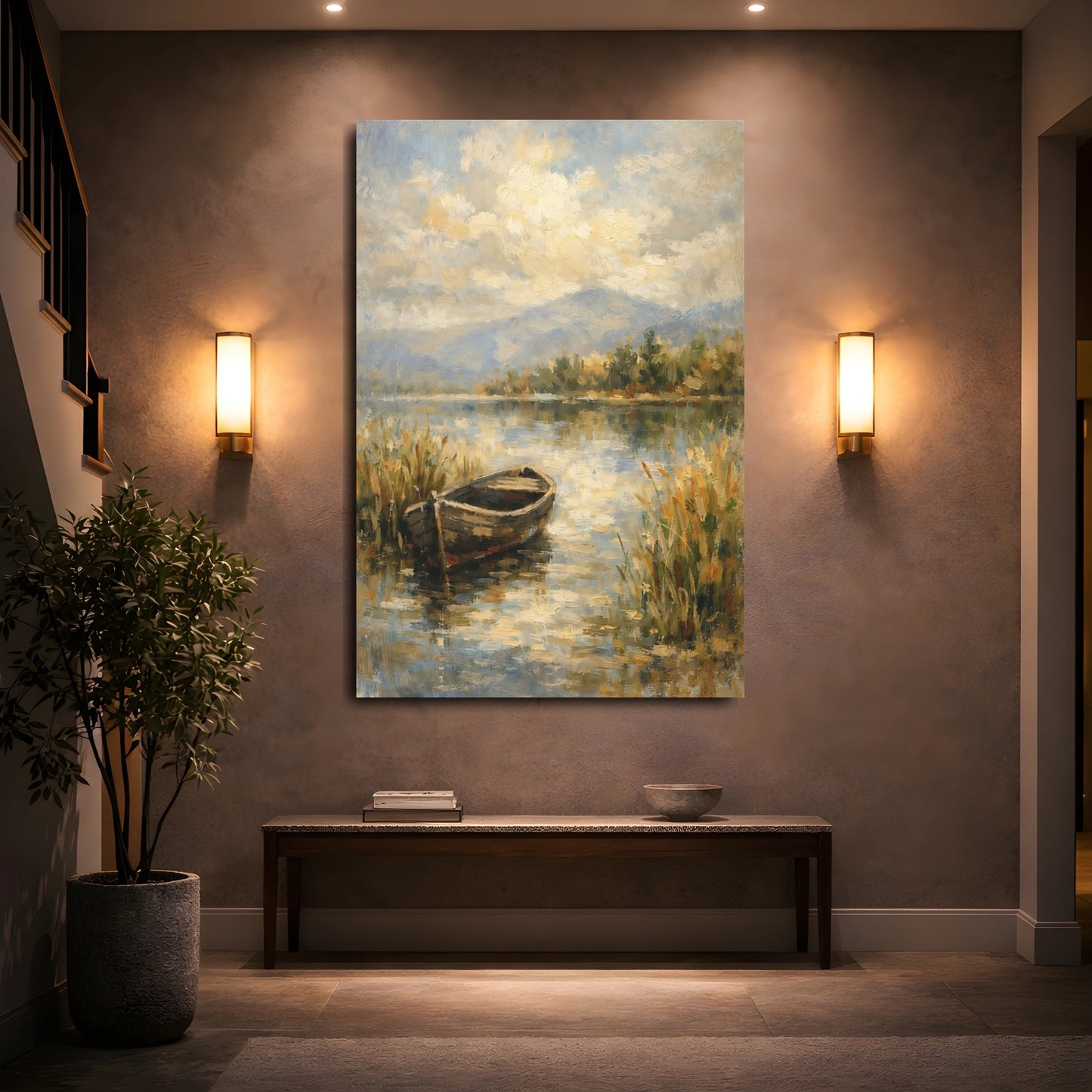 Mockup 4. Nature Boat Lake Boat Landscape shown as stretched canvas wall art