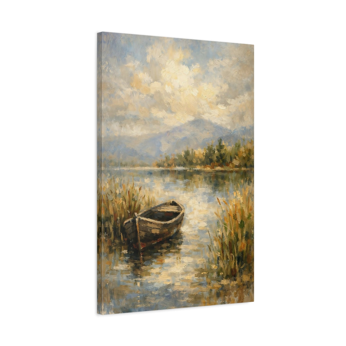 Side Mockup 2. Nature Boat Lake Boat Landscape shown as stretched canvas wall art