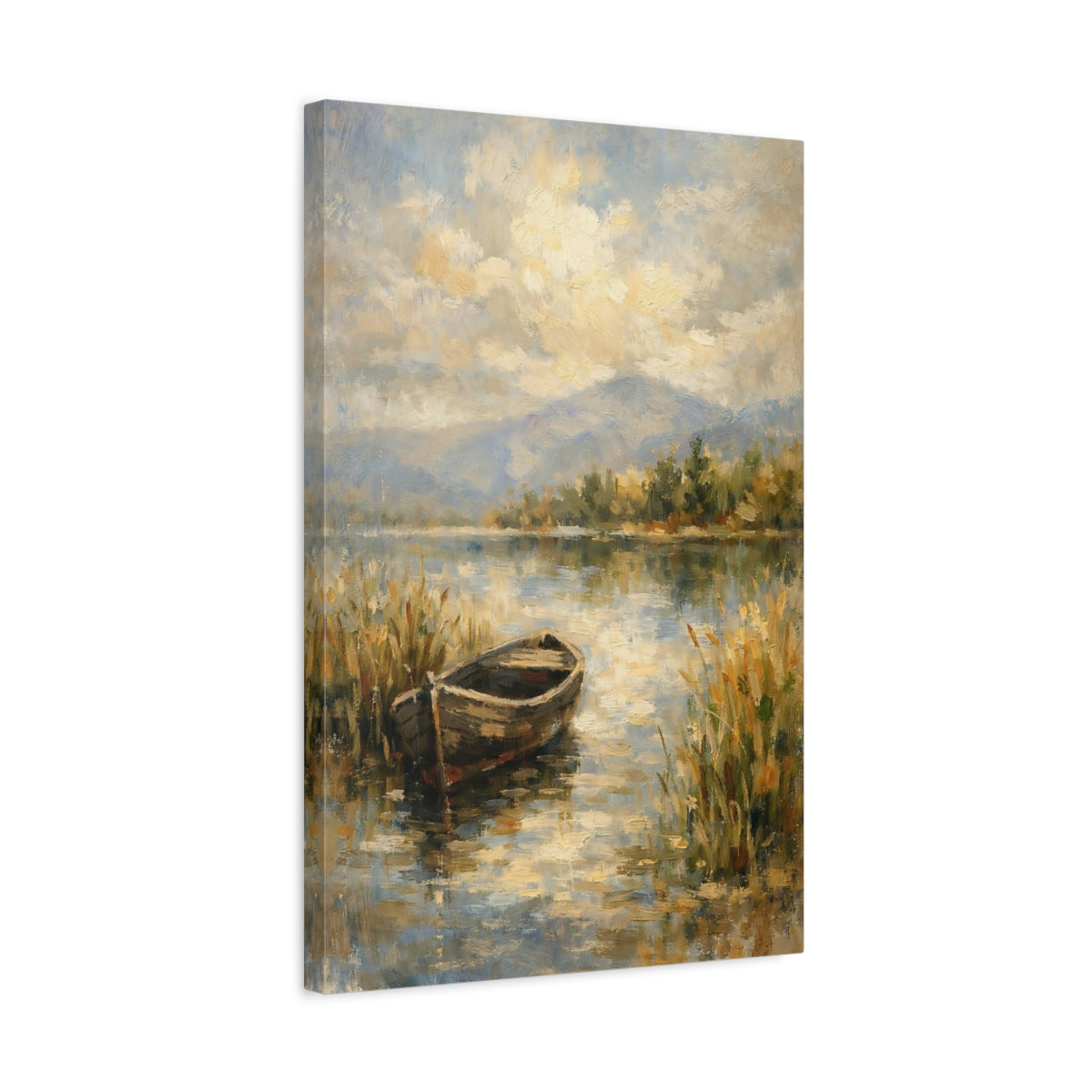 Side Mockup 3. Nature Boat Lake Boat Landscape shown as stretched canvas wall art