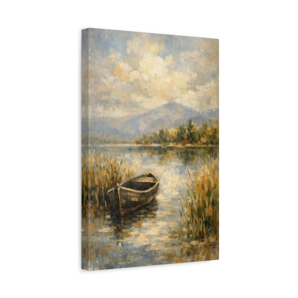Side Mockup 4. Nature Boat Lake Boat Landscape shown as stretched canvas wall art