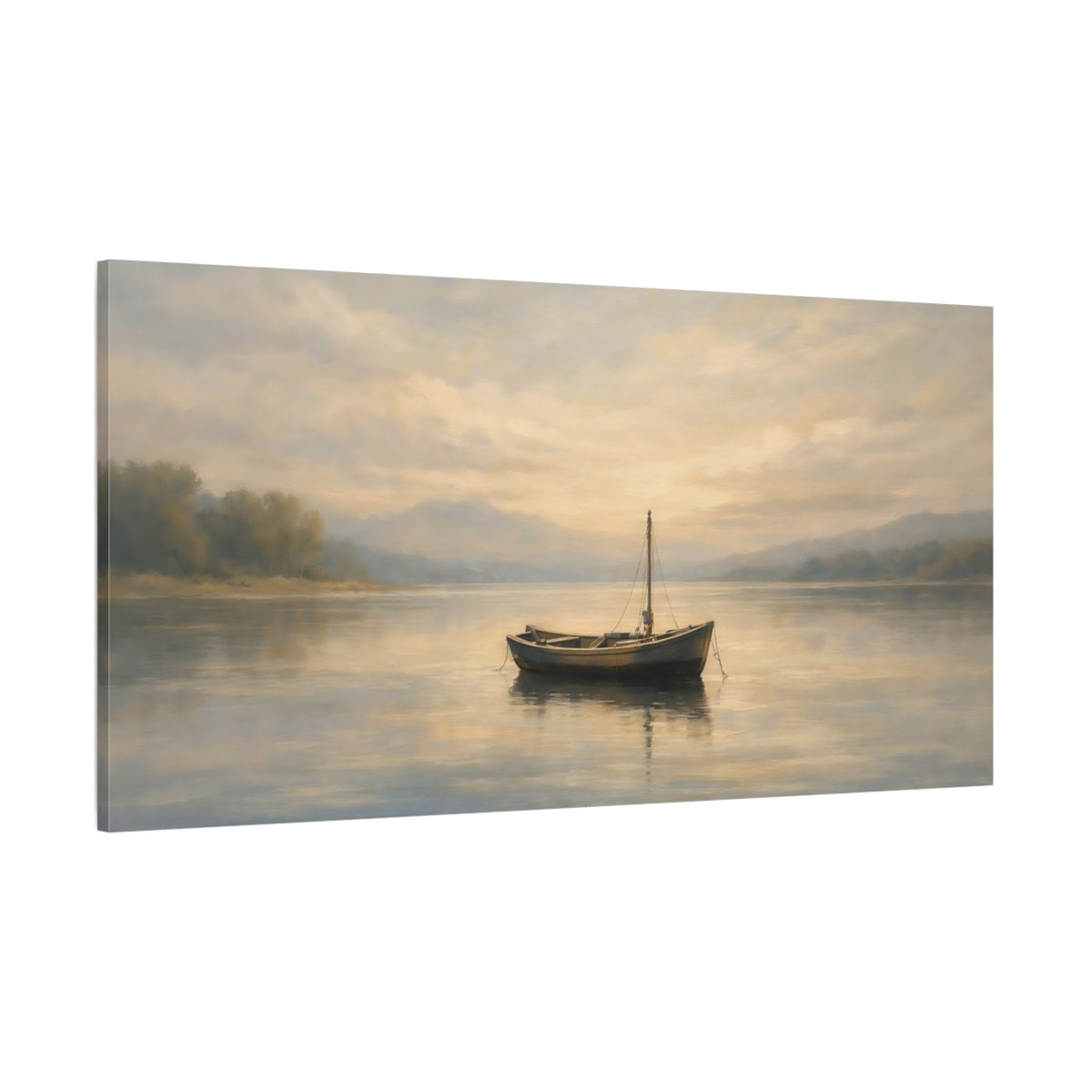Main Mockup. Nature Boat Misty Boat Lake shown as stretched canvas wall art