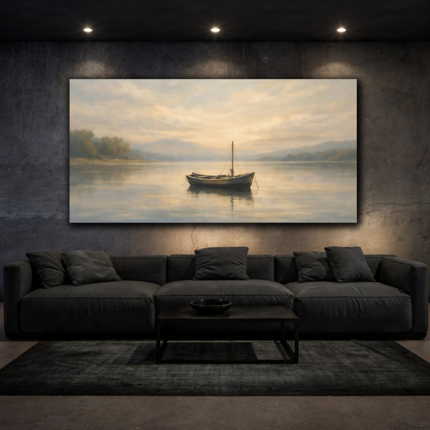Mockup 2. Nature Boat Misty Boat Lake shown as stretched canvas wall art