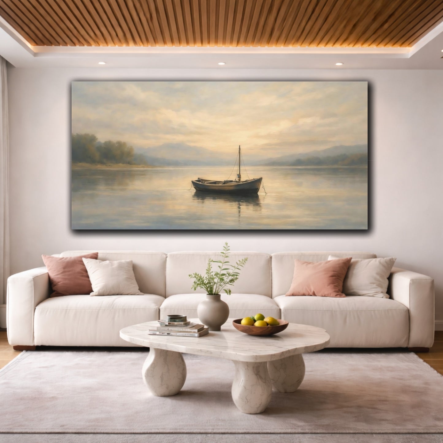 Mockup 3. Nature Boat Misty Boat Lake shown as stretched canvas wall art