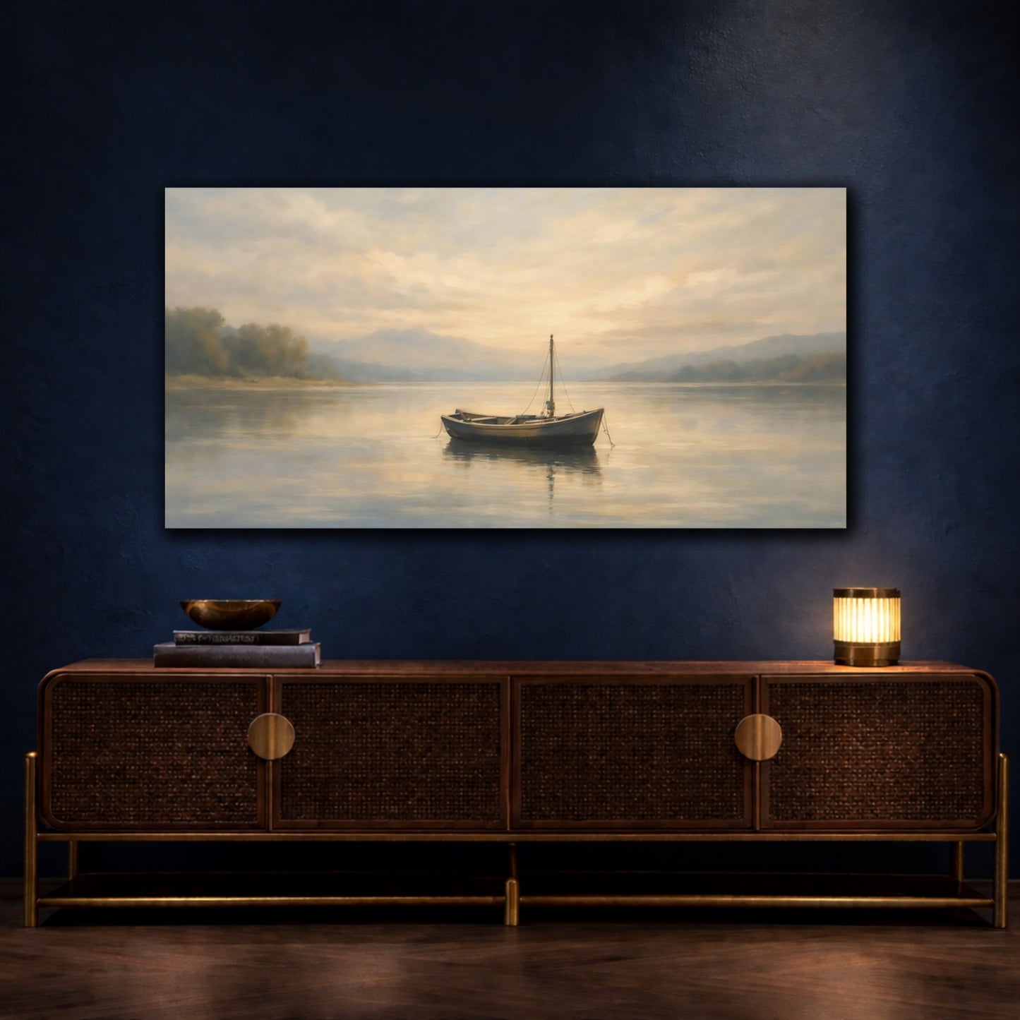 Mockup 4. Nature Boat Misty Boat Lake shown as stretched canvas wall art