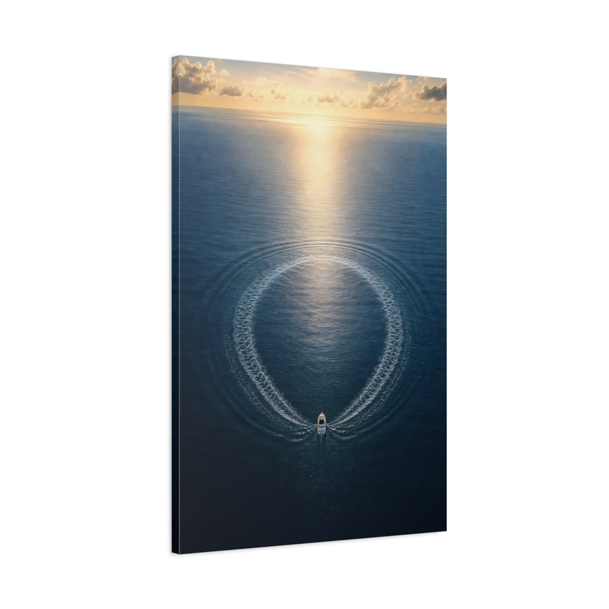 Main Mockup. Nature Boat Ocean Blue And Gold shown as stretched canvas wall art