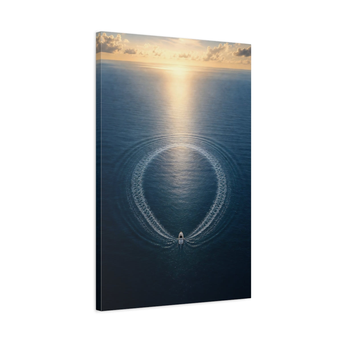 Side Mockup 2. Nature Boat Ocean Blue And Gold shown as stretched canvas wall art