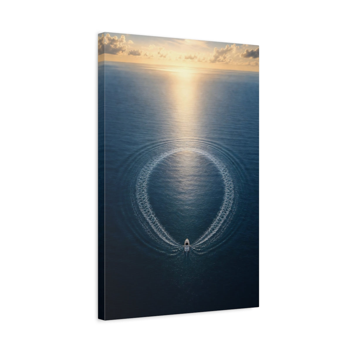 Side Mockup 3. Nature Boat Ocean Blue And Gold shown as stretched canvas wall art