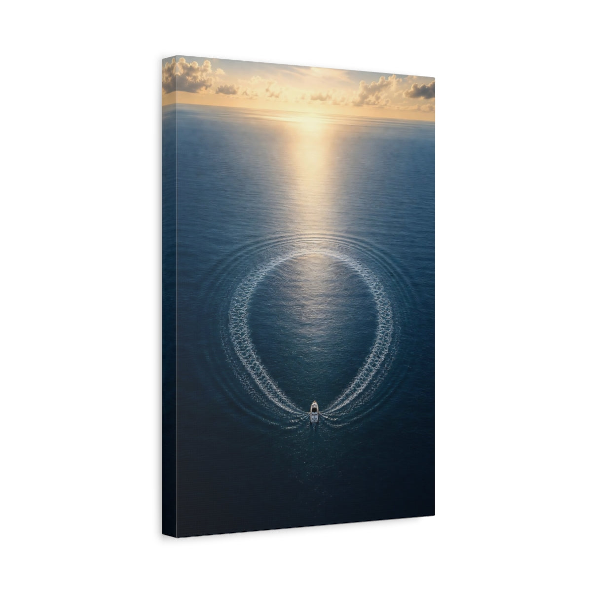 Side Mockup 4. Nature Boat Ocean Blue And Gold shown as stretched canvas wall art