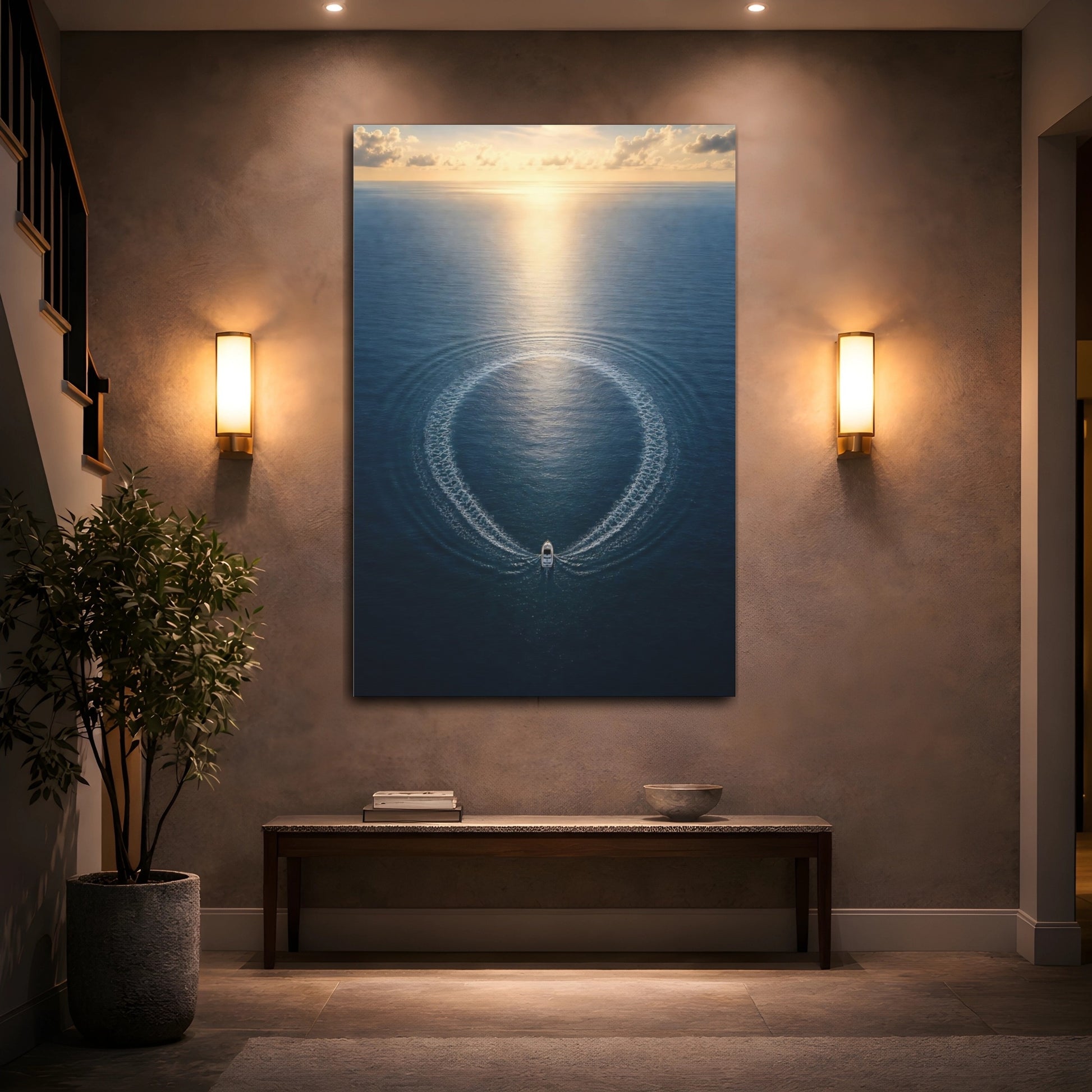 Mockup 2. Nature Boat Ocean Blue And Gold shown as stretched canvas wall art