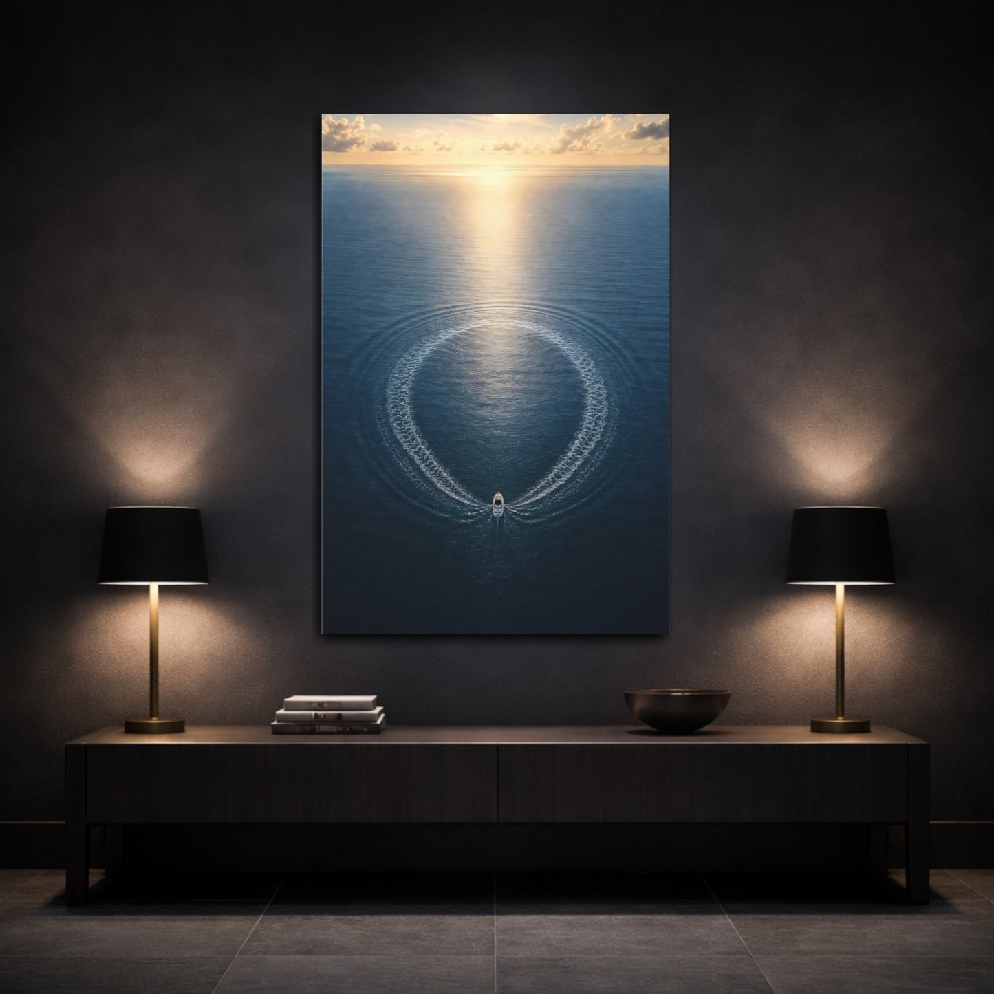 Mockup 3. Nature Boat Ocean Blue And Gold shown as stretched canvas wall art