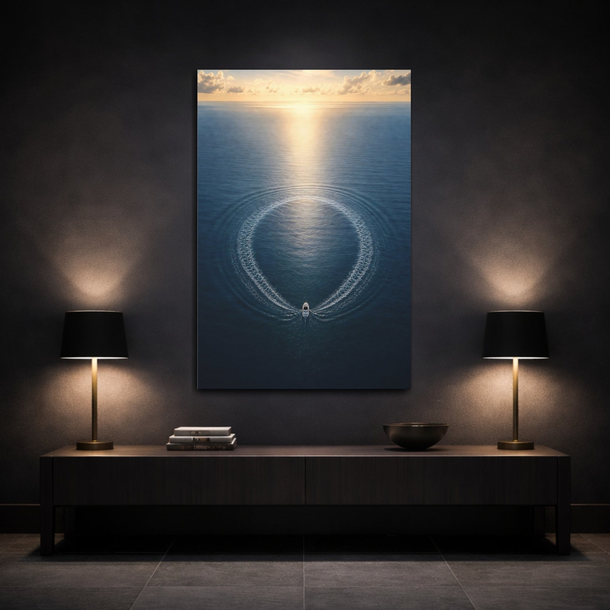 Mockup 3. Nature Boat Ocean Blue And Gold shown as stretched canvas wall art