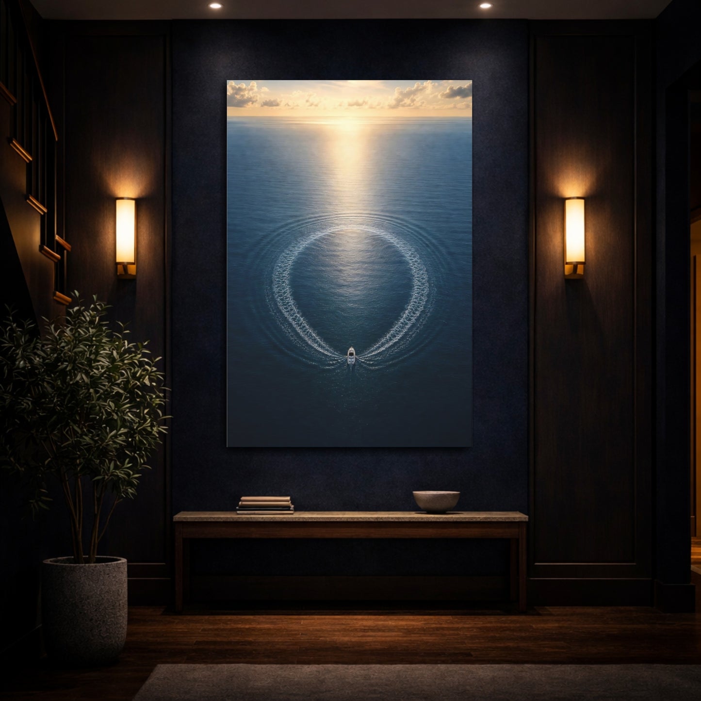 Mockup 4. Nature Boat Ocean Blue And Gold shown as stretched canvas wall art