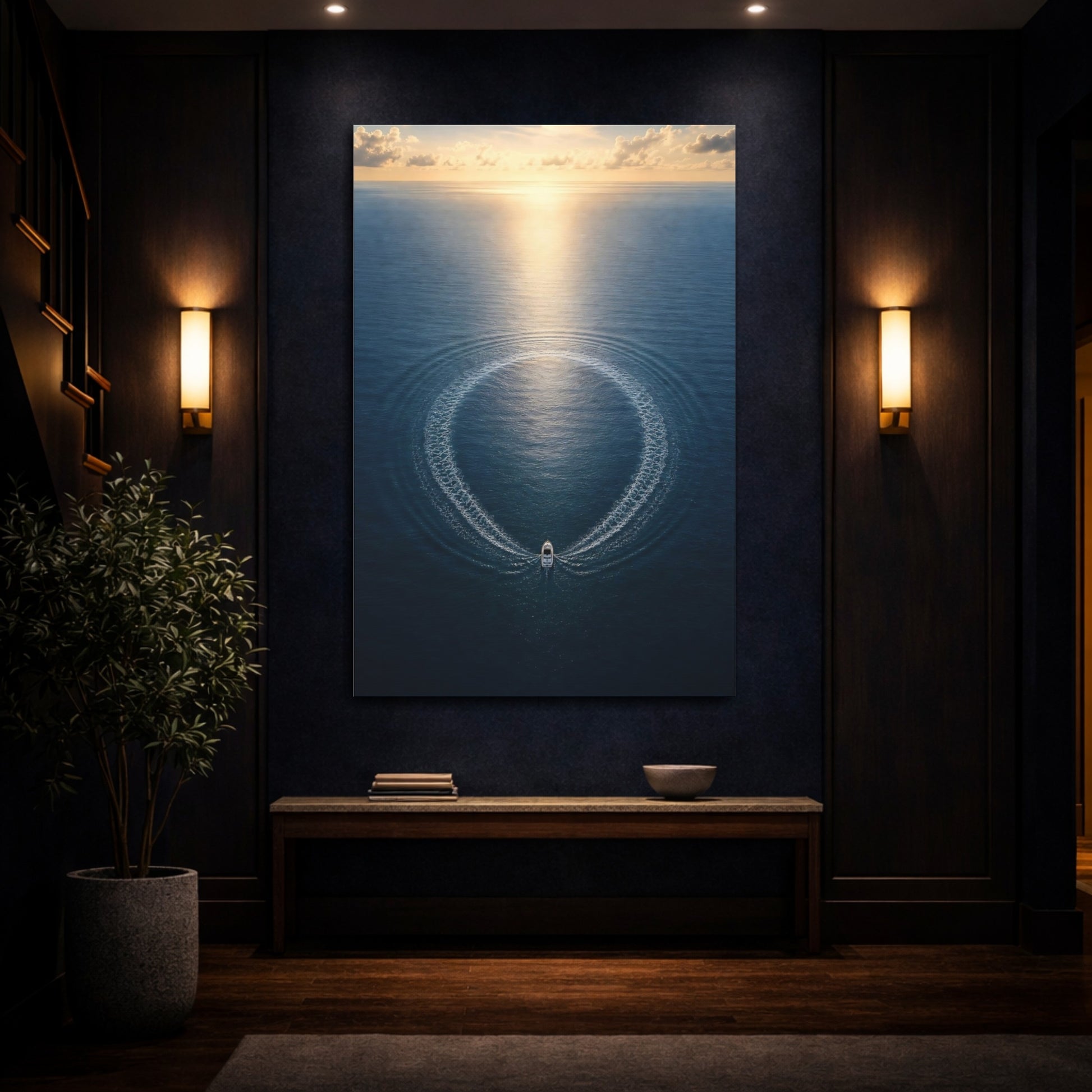 Mockup 4. Nature Boat Ocean Blue And Gold shown as stretched canvas wall art