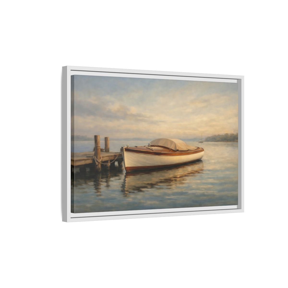 Side Mockup 1. Nature Boat Boat On Water shown as stretched canvas wall art