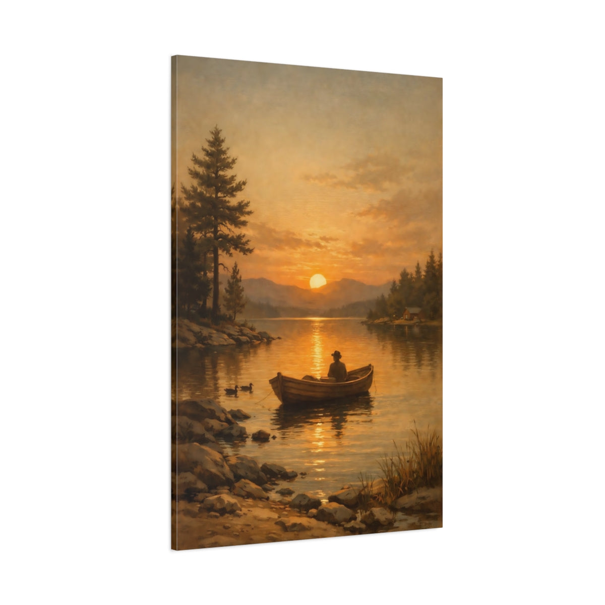 Main Mockup. Nature Boater Golden Sunset Lake shown as stretched canvas wall art
