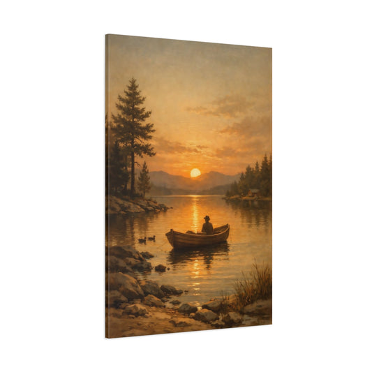 Main Mockup. Nature Boater Golden Sunset Lake shown as stretched canvas wall art