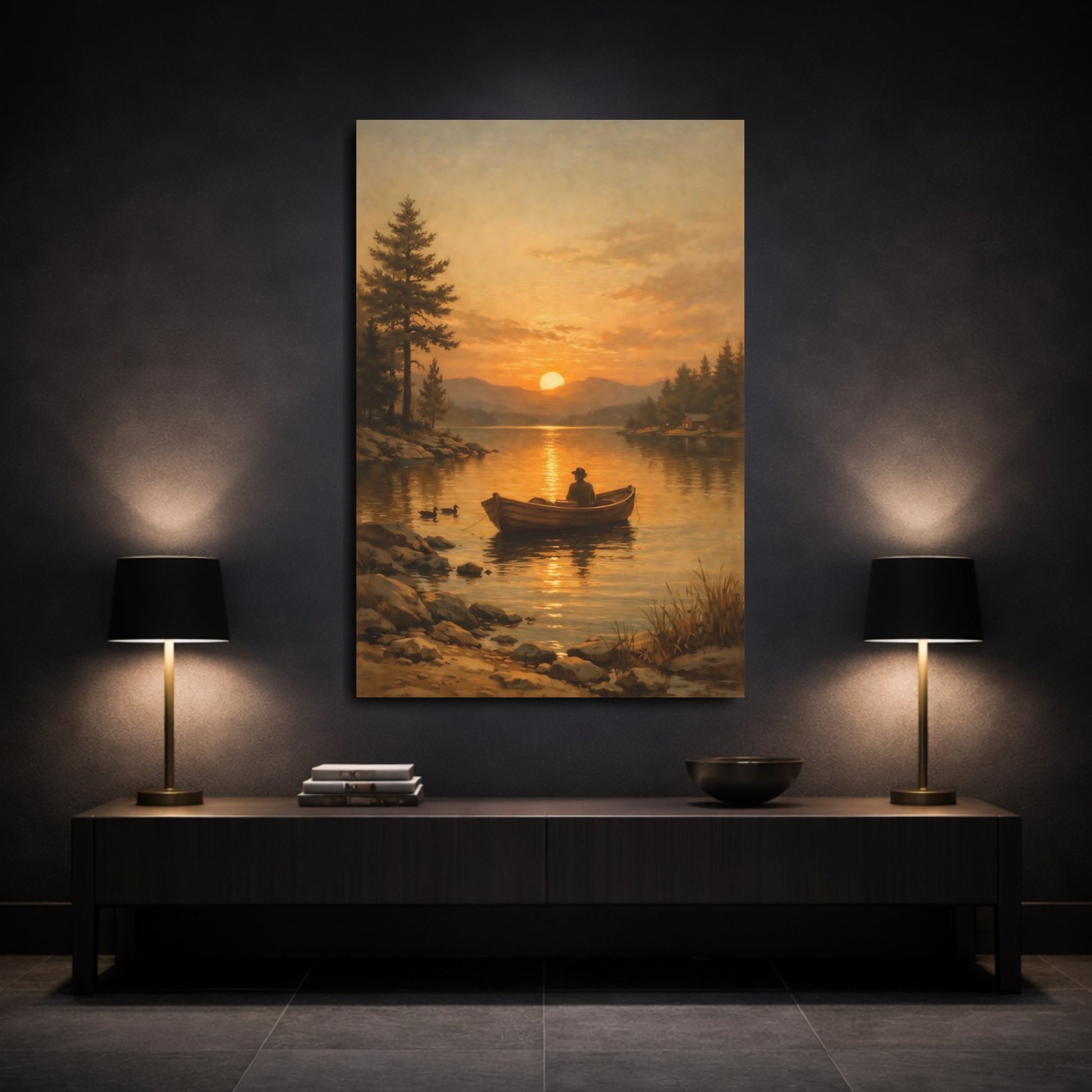 Mockup 2. Nature Boater Golden Sunset Lake shown as stretched canvas wall art