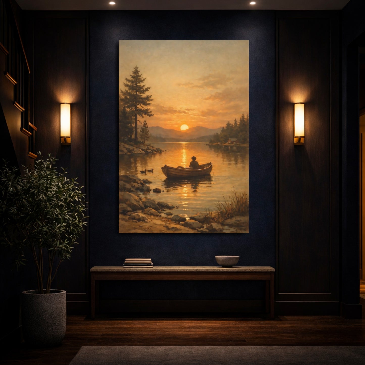 Mockup 3. Nature Boater Golden Sunset Lake shown as stretched canvas wall art