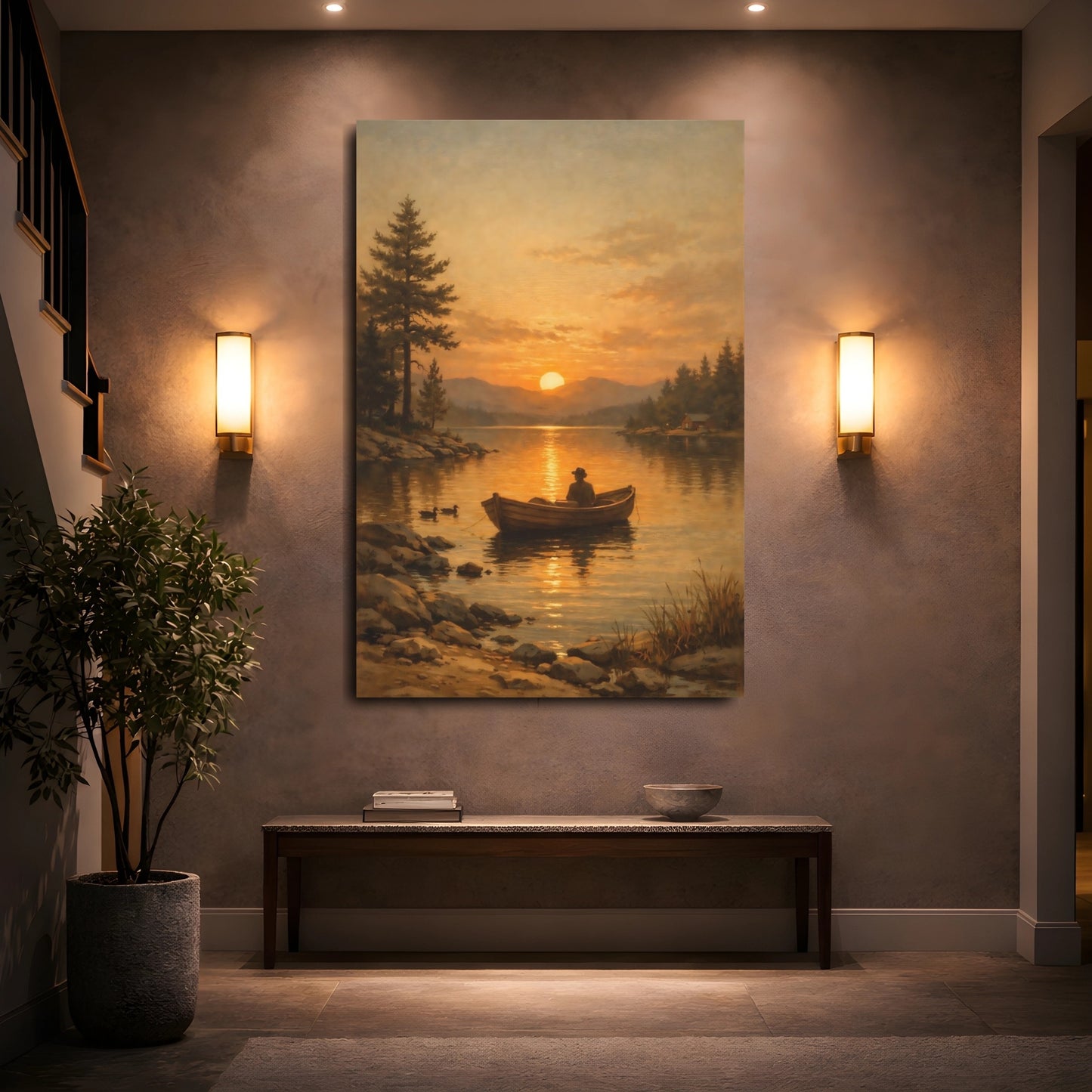 Mockup 4. Nature Boater Golden Sunset Lake shown as stretched canvas wall art