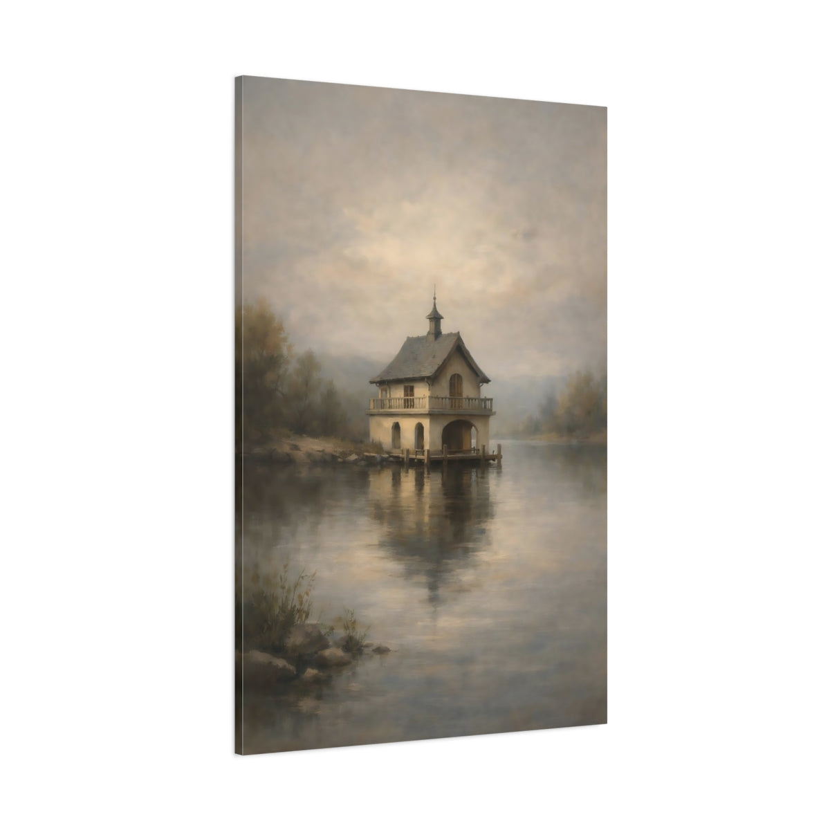 Main Mockup. Nature Boathouse Misty Boathouse shown as stretched canvas wall art