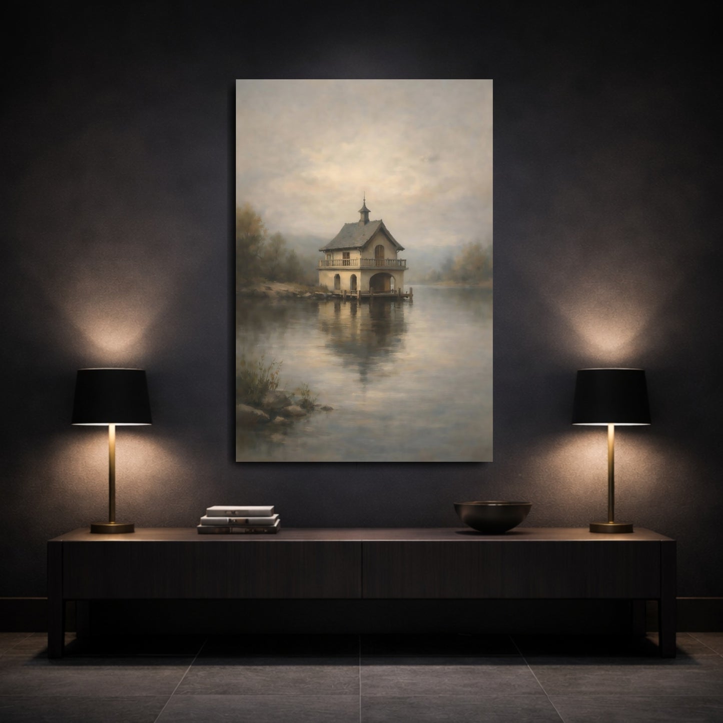 Mockup 2. Nature Boathouse Misty Boathouse shown as stretched canvas wall art