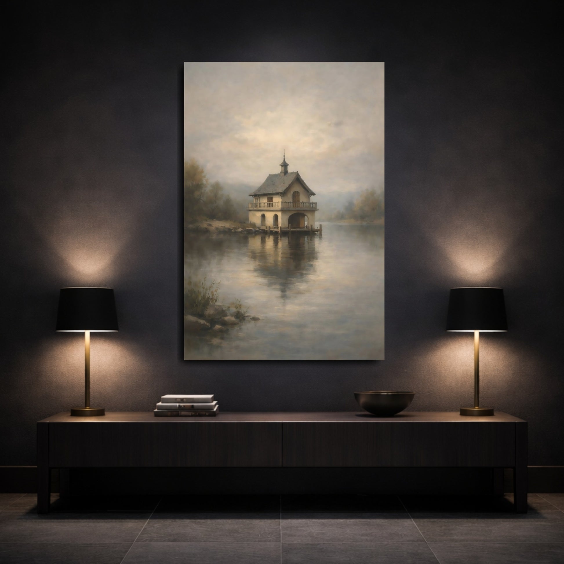 Mockup 2. Nature Boathouse Misty Boathouse shown as stretched canvas wall art