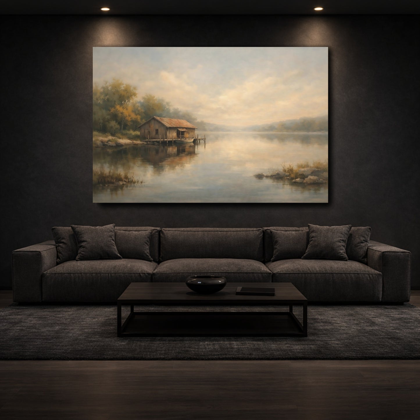 Mockup 2. Nature Boathouse Misty Boathouse shown as stretched canvas wall art