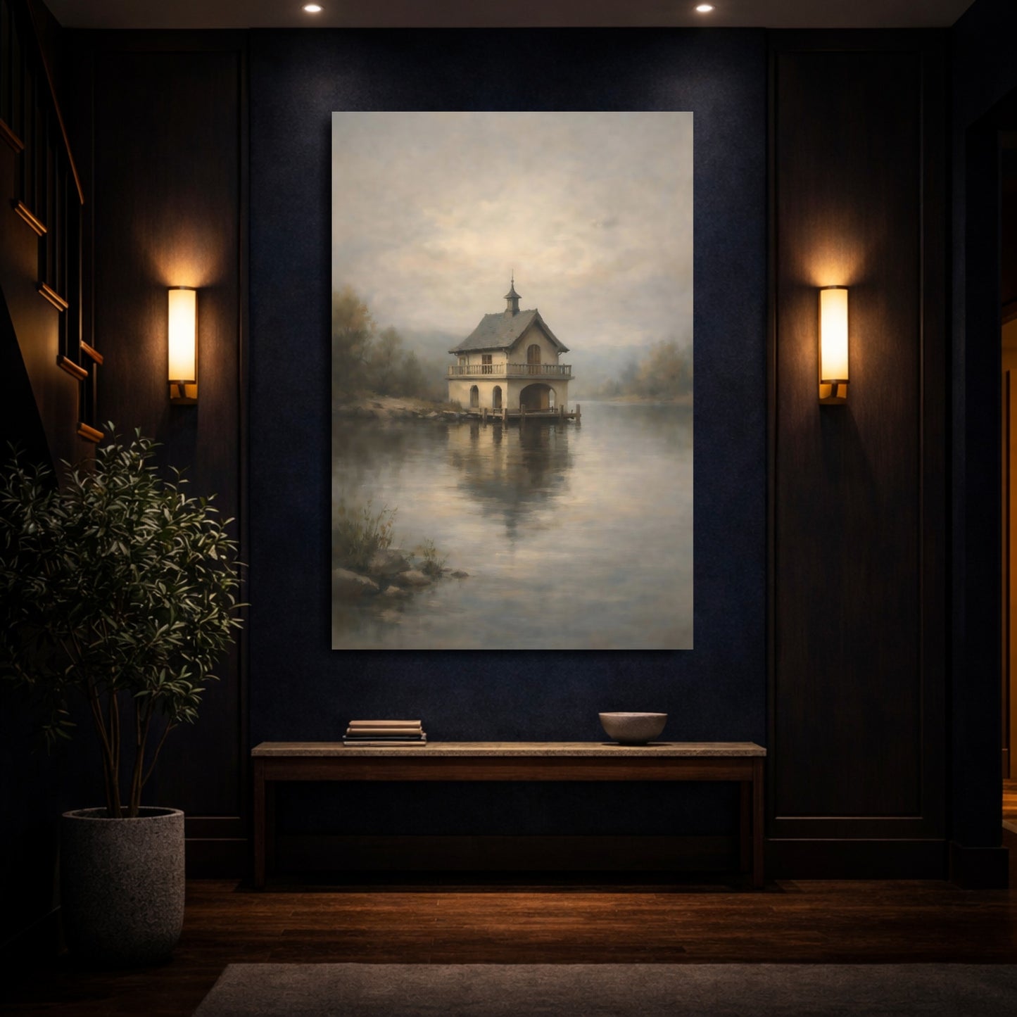 Mockup 3. Nature Boathouse Misty Boathouse shown as stretched canvas wall art
