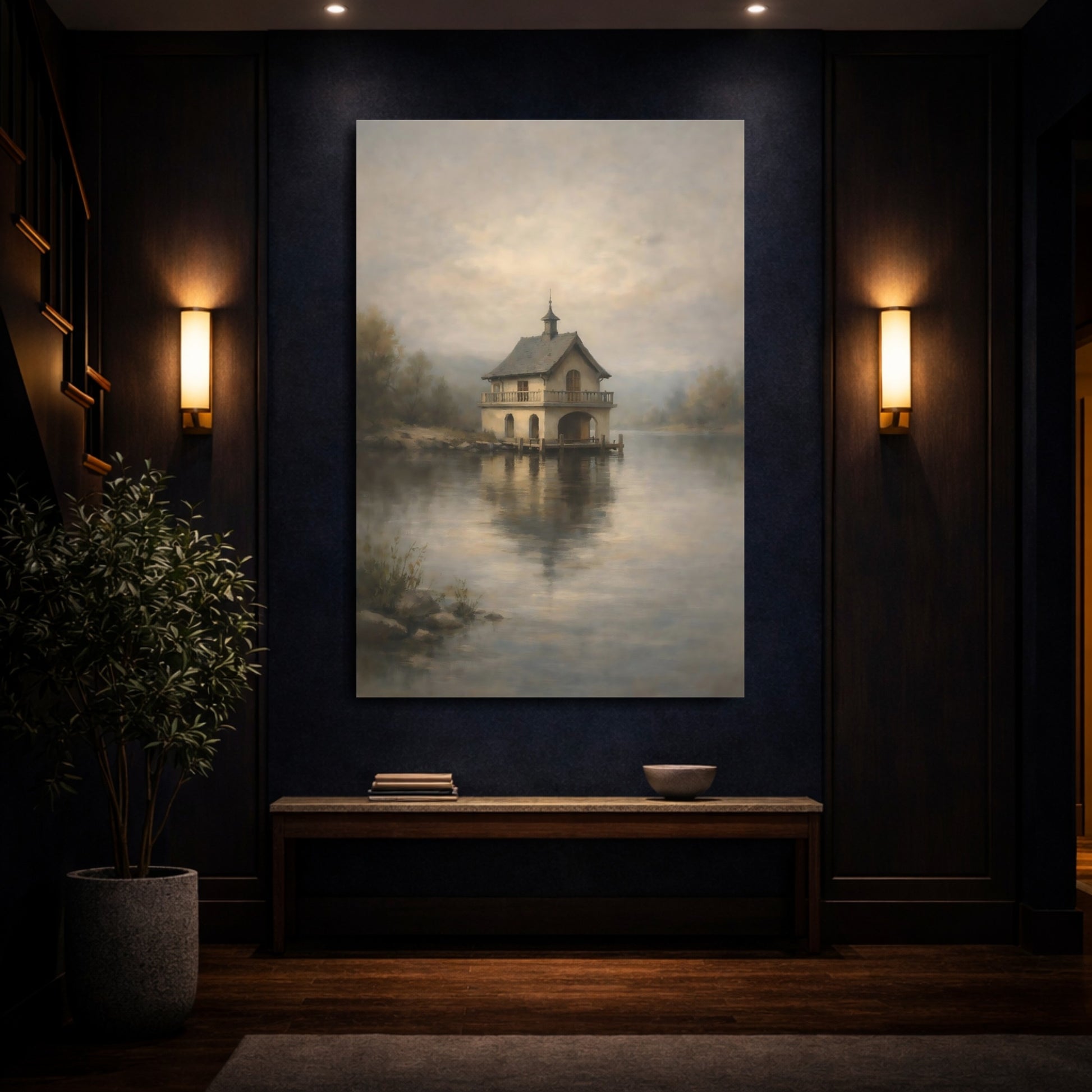 Mockup 3. Nature Boathouse Misty Boathouse shown as stretched canvas wall art
