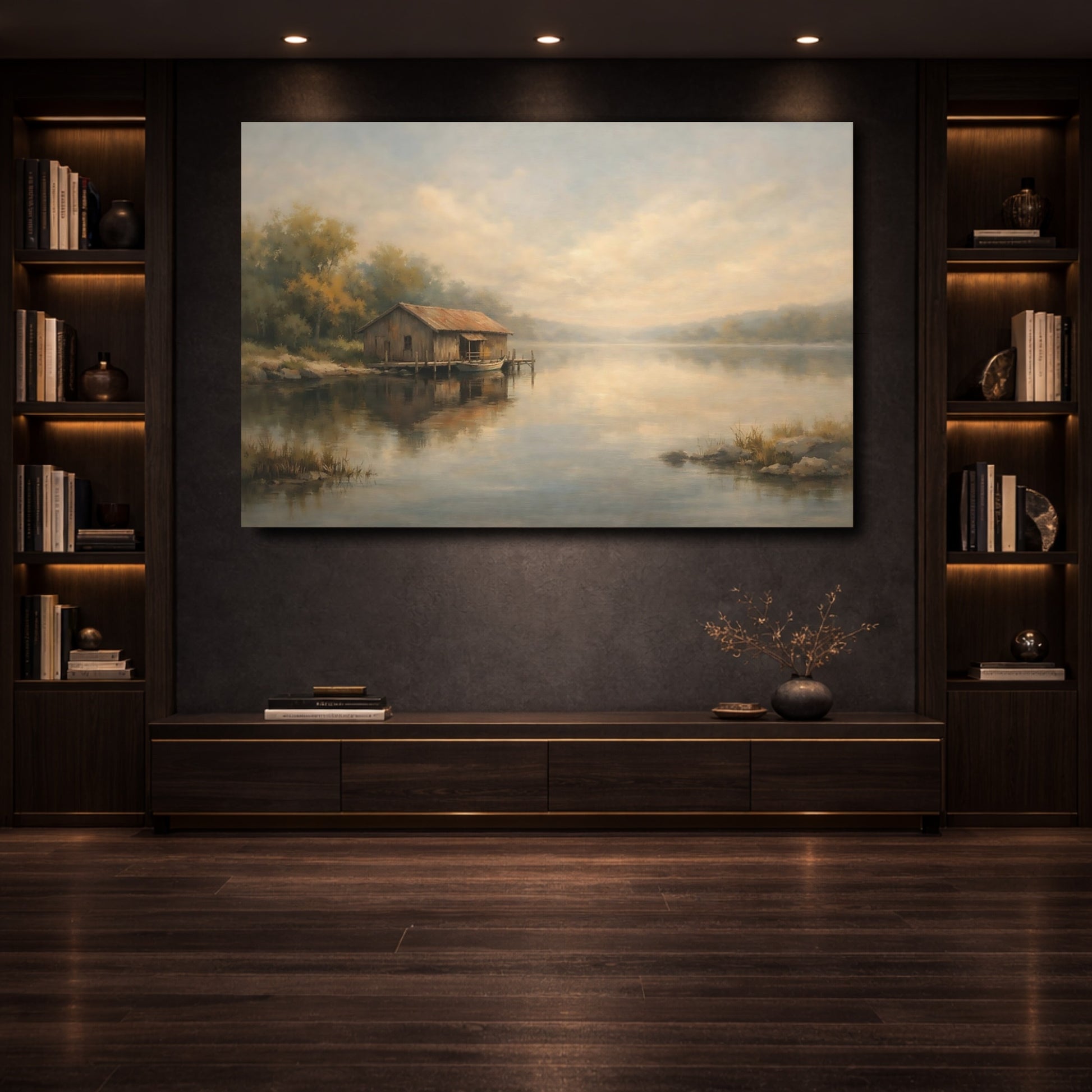 Mockup 3. Nature Boathouse Misty Boathouse shown as stretched canvas wall art