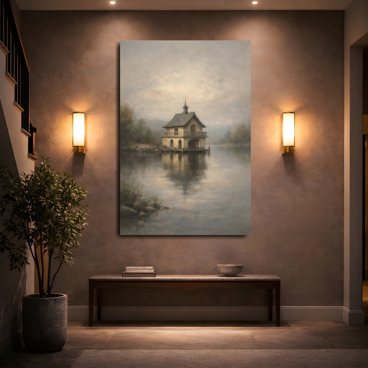 Mockup 4. Nature Boathouse Misty Boathouse shown as stretched canvas wall art