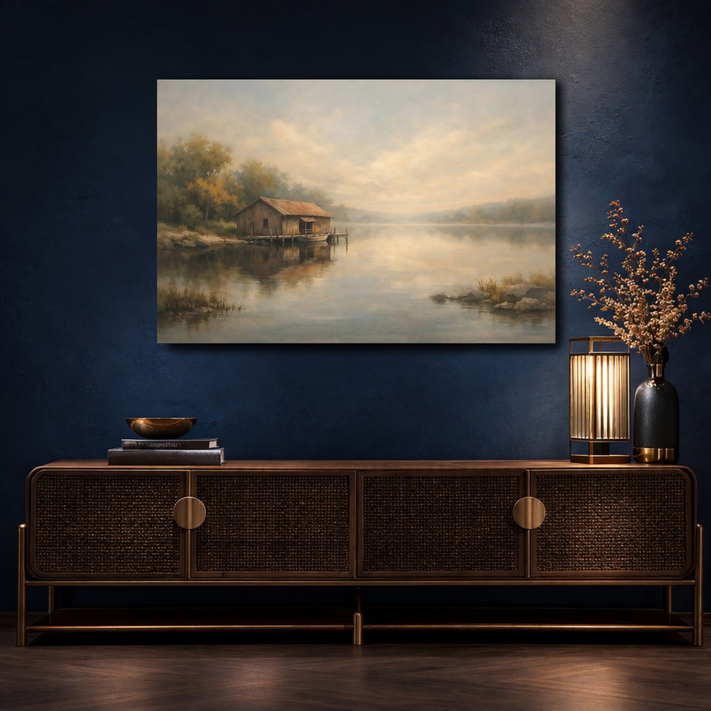 Mockup 4. Nature Boathouse Misty Boathouse shown as stretched canvas wall art
