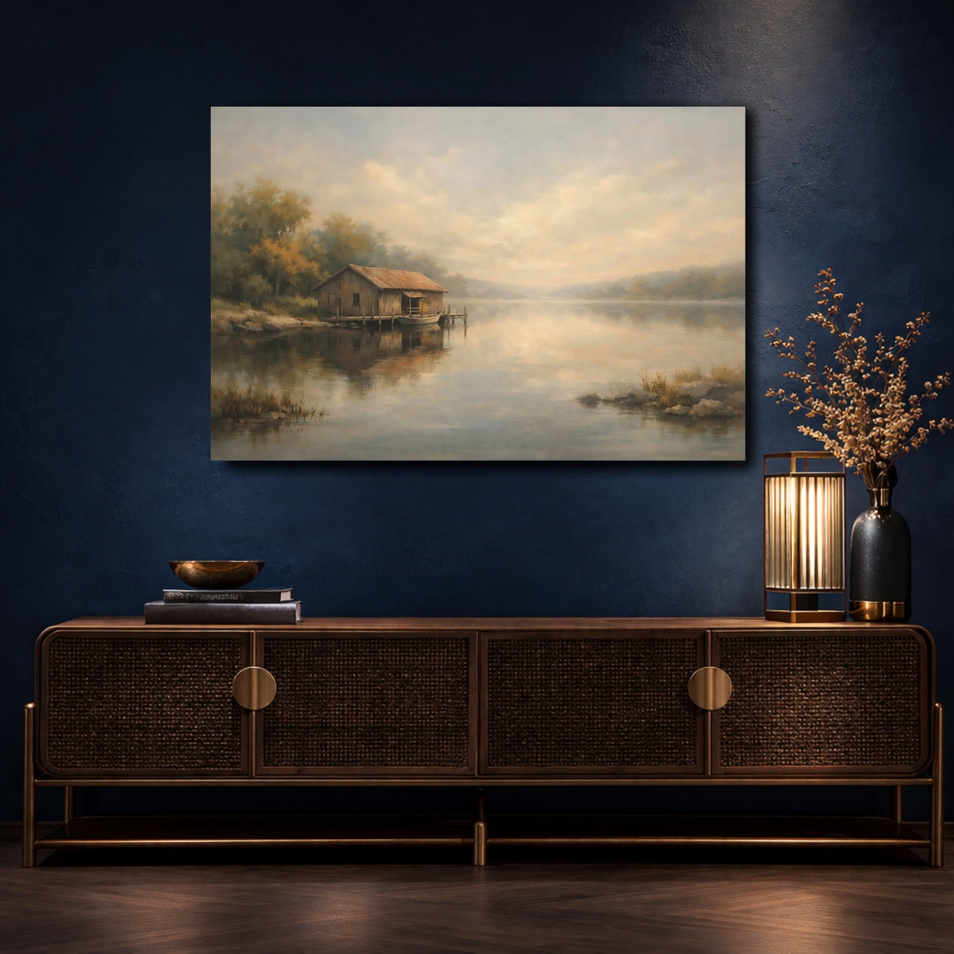 Mockup 4. Nature Boathouse Misty Boathouse shown as stretched canvas wall art
