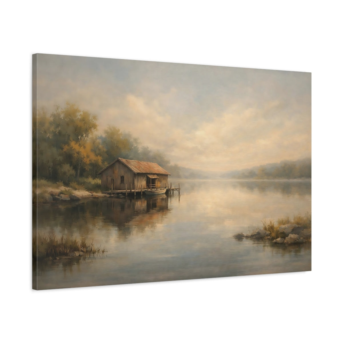 Side Mockup 1. Nature Boathouse Misty Boathouse shown as stretched canvas wall art
