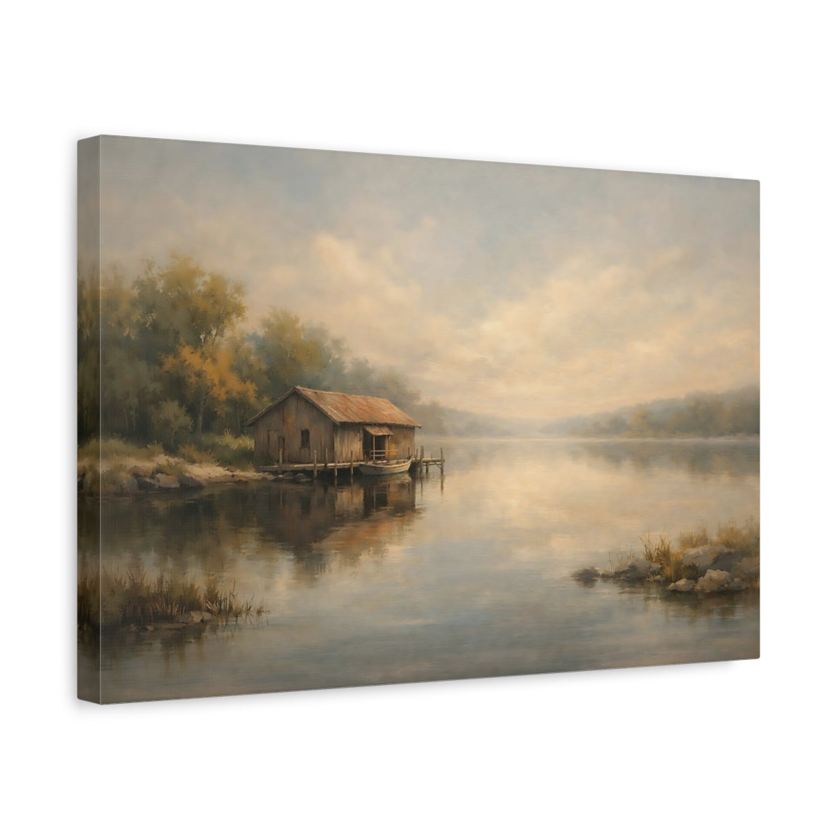 Side Mockup 4. Nature Boathouse Misty Boathouse shown as stretched canvas wall art