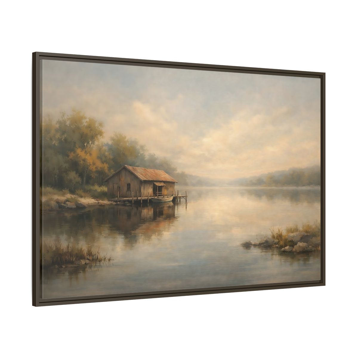 Main Mockup. Nature Boathouse Misty Lake shown as stretched canvas wall art