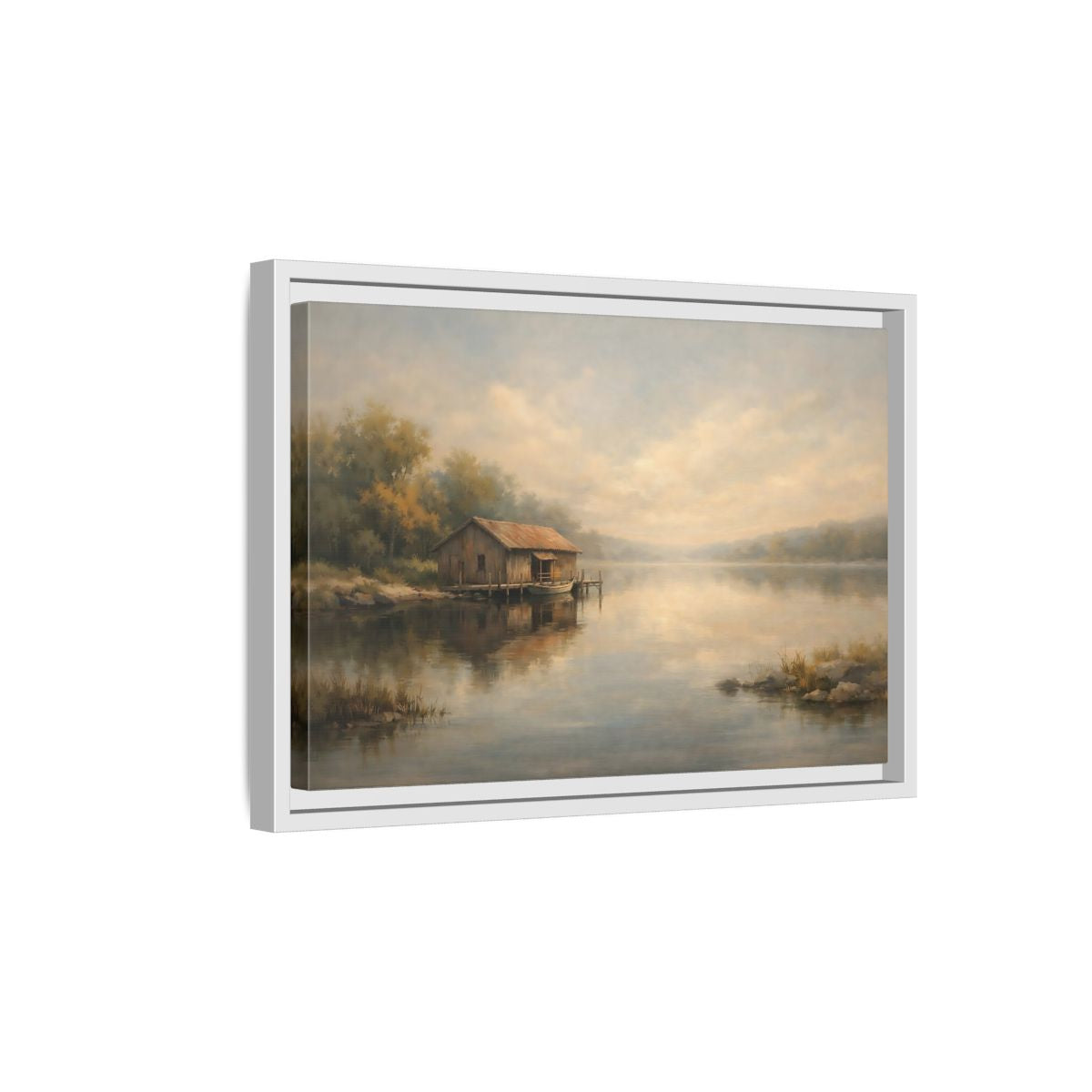 Side Mockup 4. Nature Boathouse Misty Lake shown as stretched canvas wall art