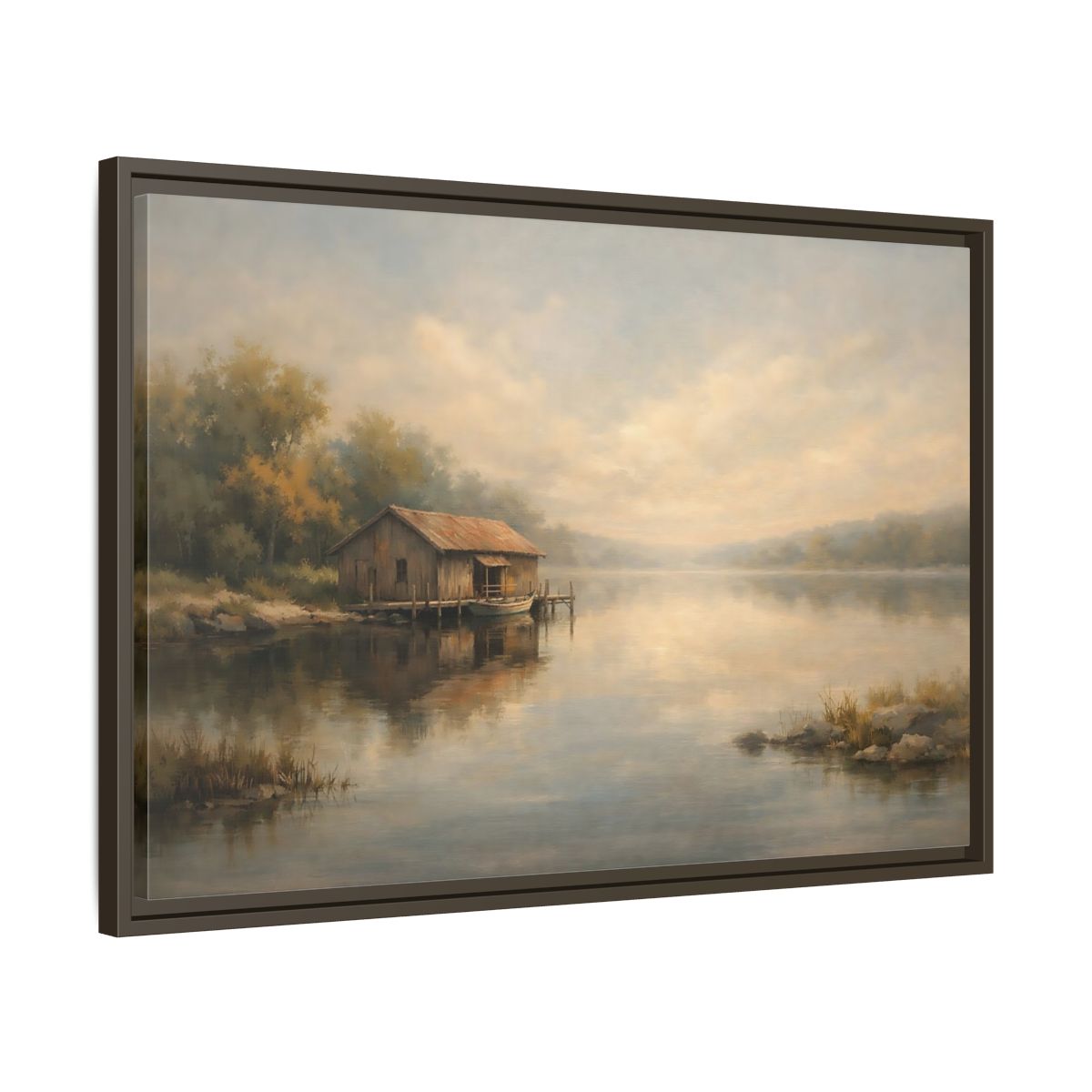 Side Mockup 11. Nature Boathouse Misty Lake shown as stretched canvas wall art