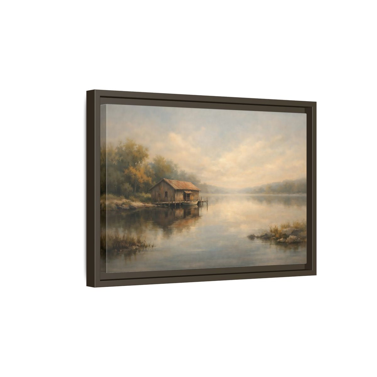 Side Mockup 5. Nature Boathouse Misty Lake shown as stretched canvas wall art