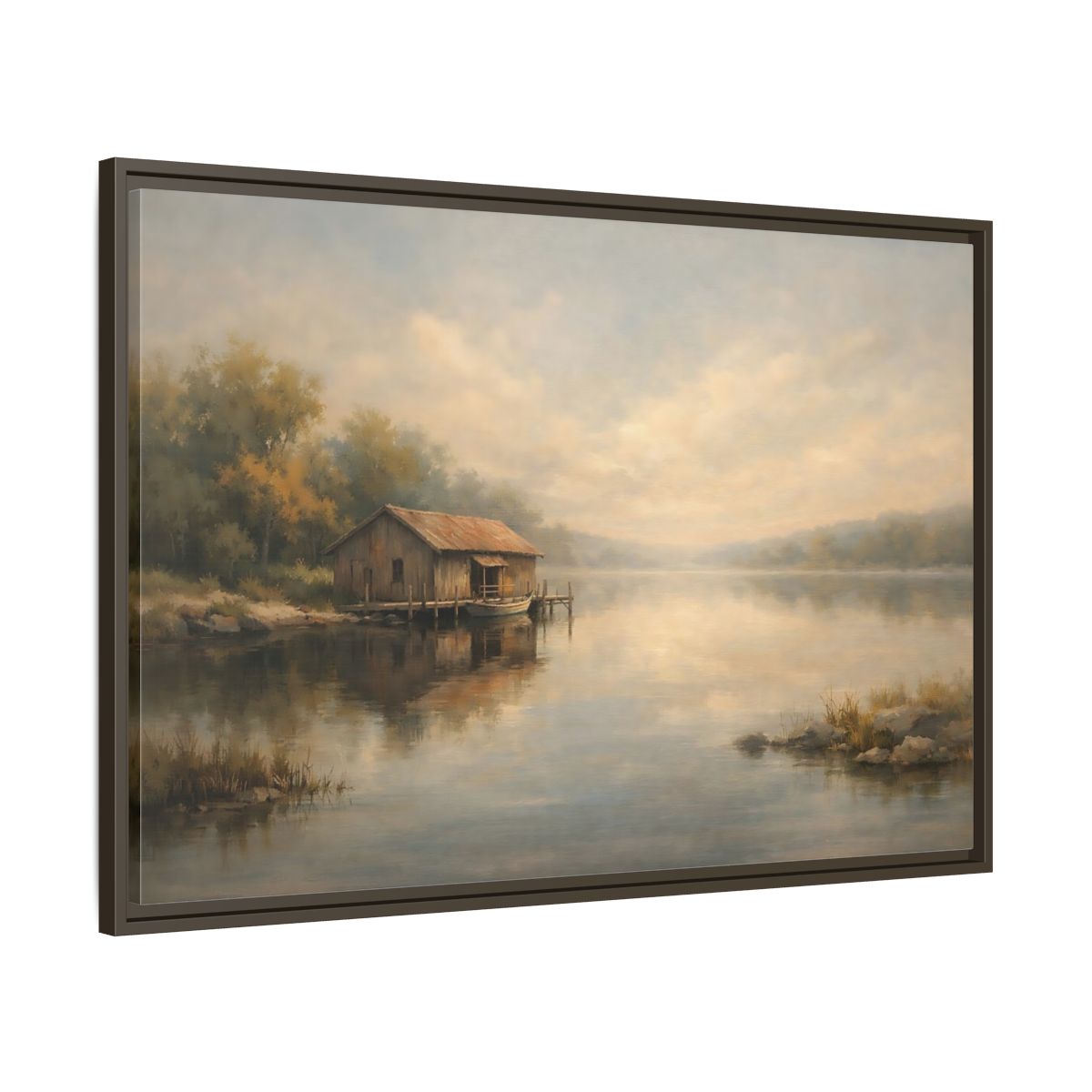 Side Mockup 9. Nature Boathouse Misty Lake shown as stretched canvas wall art