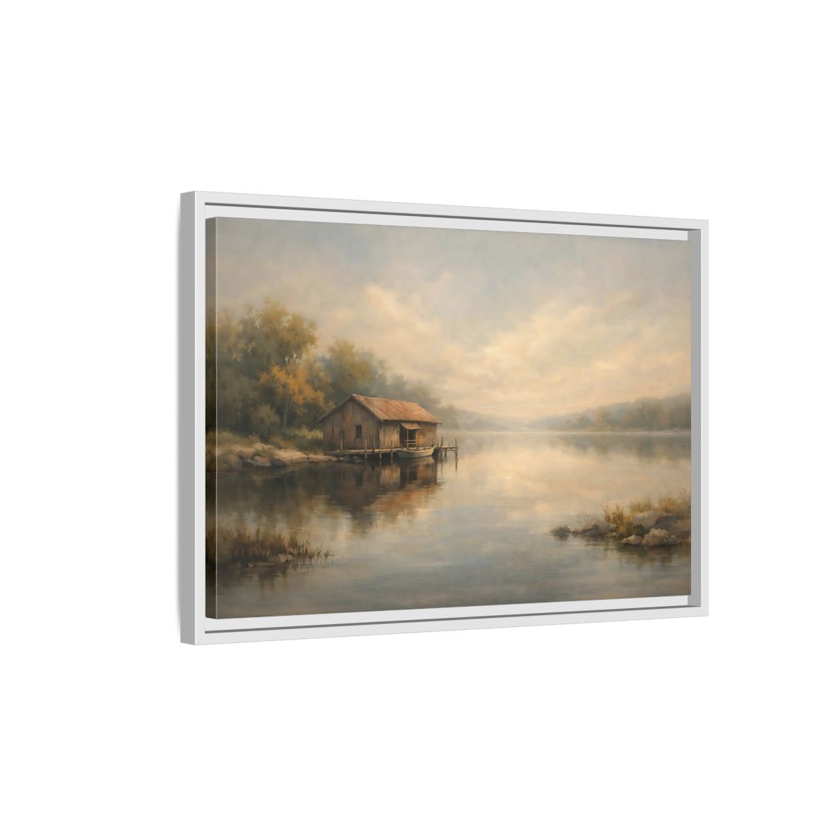 Side Mockup 1. Nature Boathouse Misty Lake shown as stretched canvas wall art