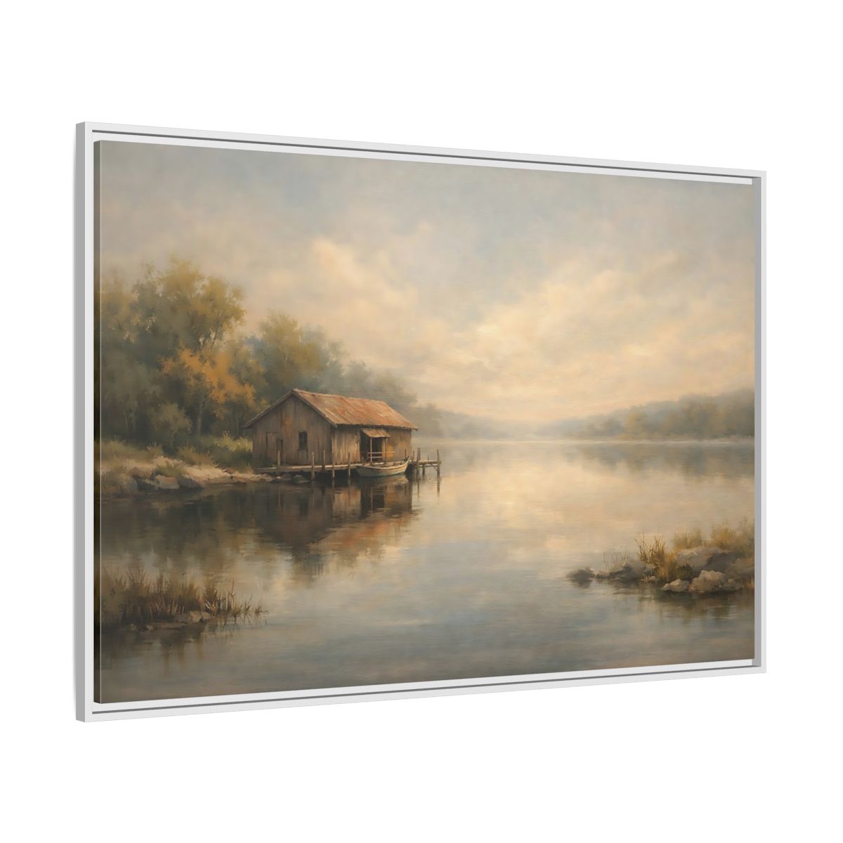 Side Mockup 7. Nature Boathouse Misty Lake shown as stretched canvas wall art