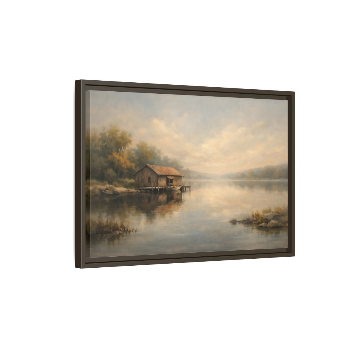 Side Mockup 2. Nature Boathouse Misty Lake shown as stretched canvas wall art