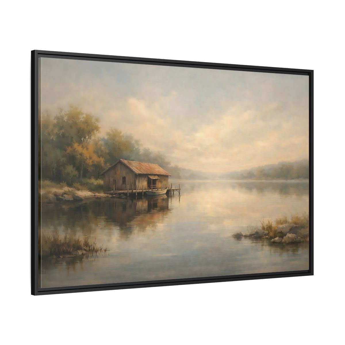 Side Mockup 12. Nature Boathouse Misty Lake shown as stretched canvas wall art