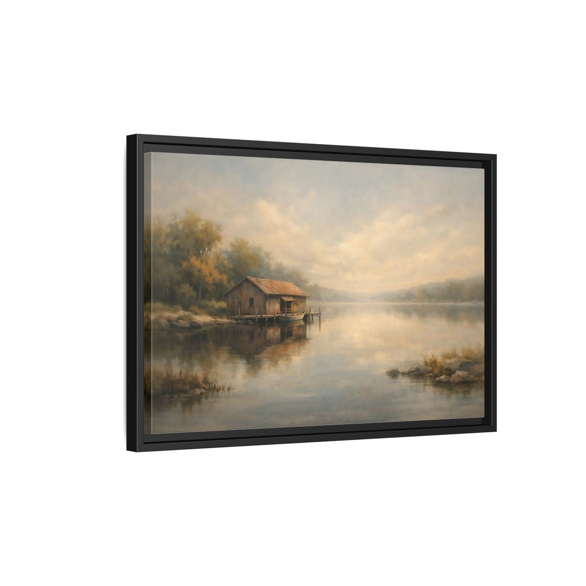 Side Mockup 3. Nature Boathouse Misty Lake shown as stretched canvas wall art