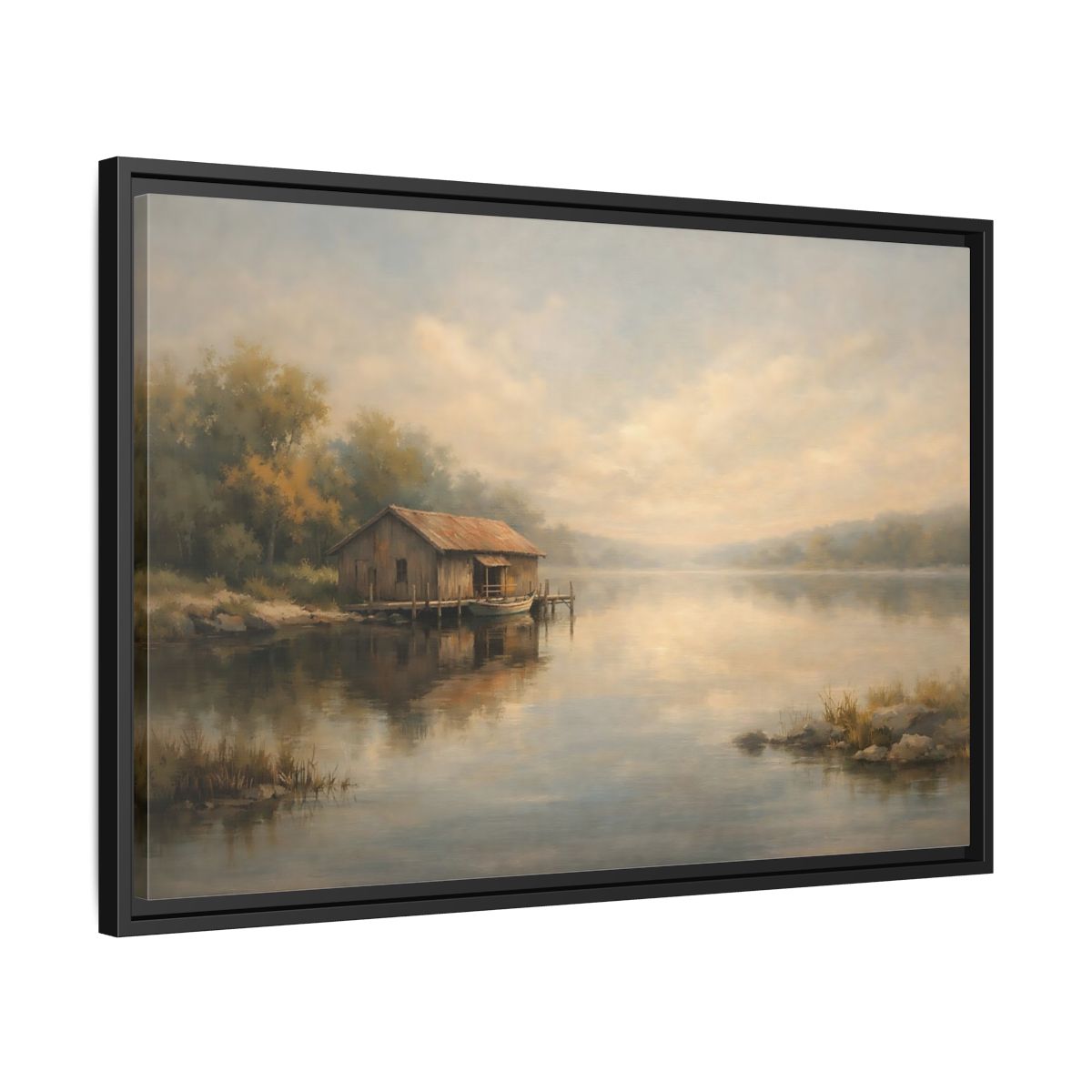Side Mockup 14. Nature Boathouse Misty Lake shown as stretched canvas wall art