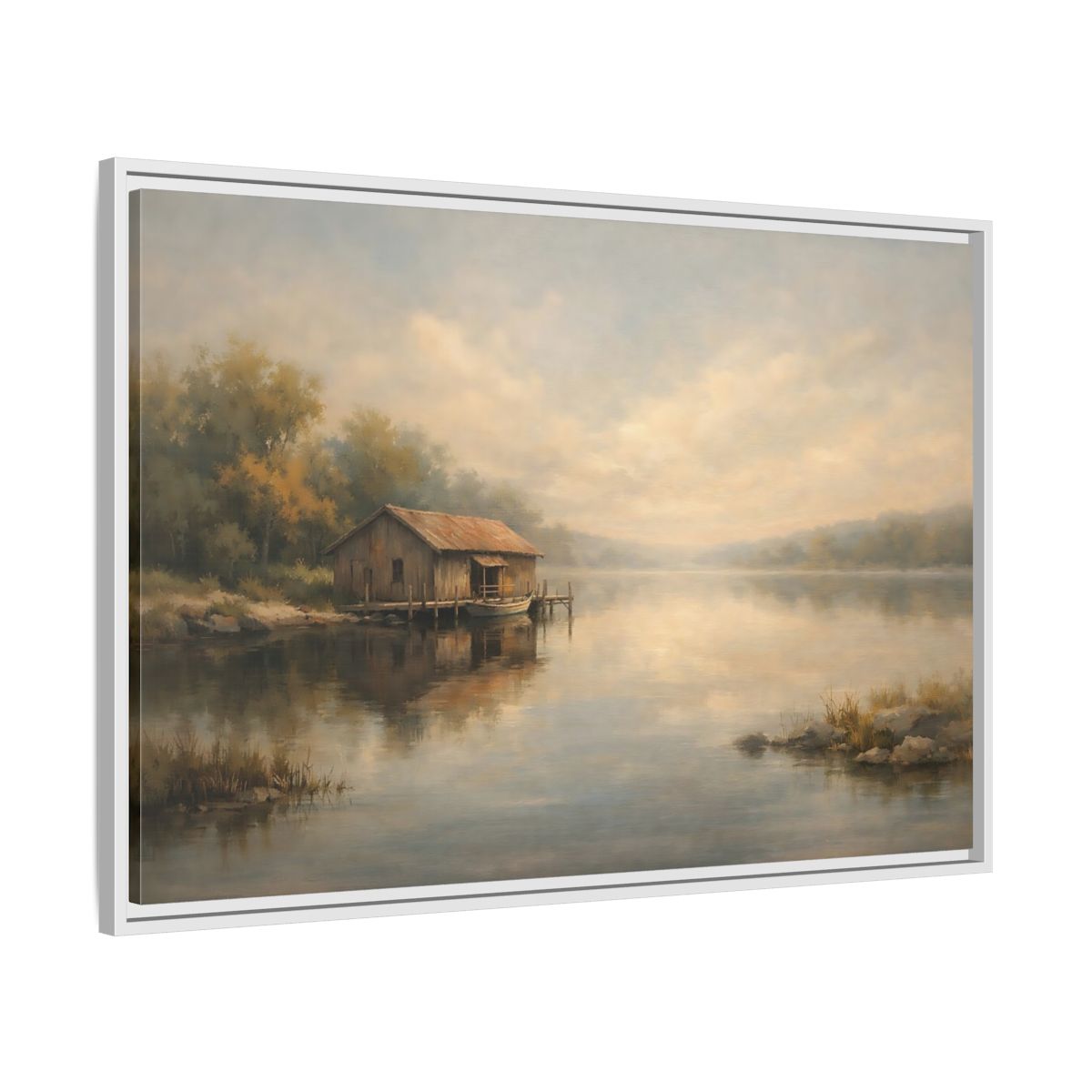 Side Mockup 8. Nature Boathouse Misty Lake shown as stretched canvas wall art